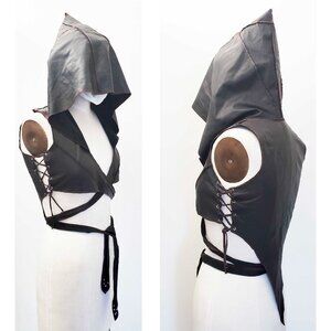 Buddhaful Womens Black Leather Elvan Wrap Vest with Hood Festival Raver Gothic S